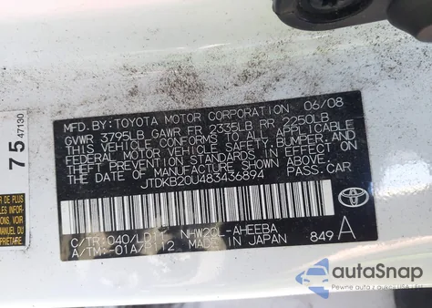 2008 Toyota Prius z USA, uszkodzony, nr VIN JTDKB20U483436894